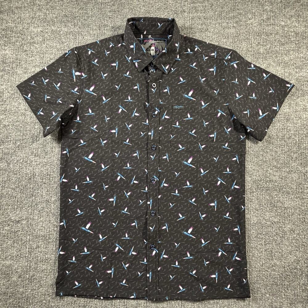 Retro Rifle Shirt Adult Medium Button Up Black Short Sleeve Casual Men's